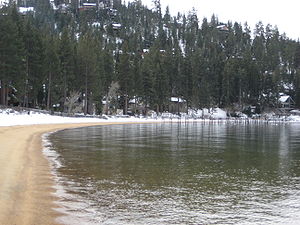 An image of the frozen Lake Tahoe